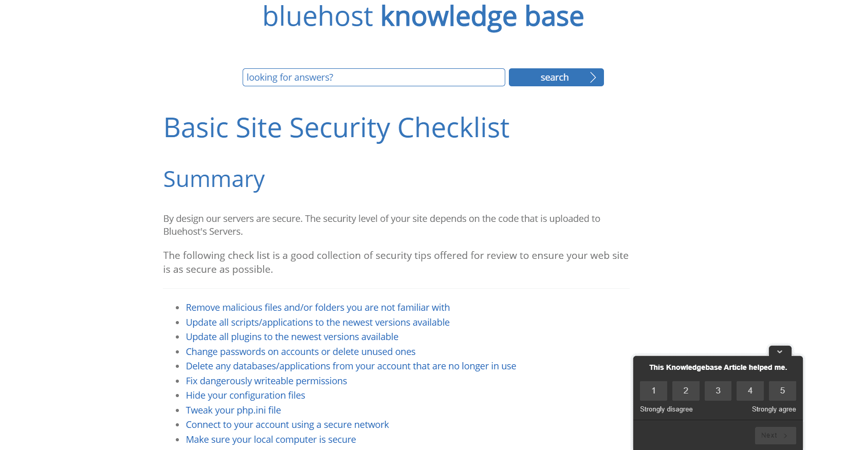 Bluehost knowledge base basic site security checks